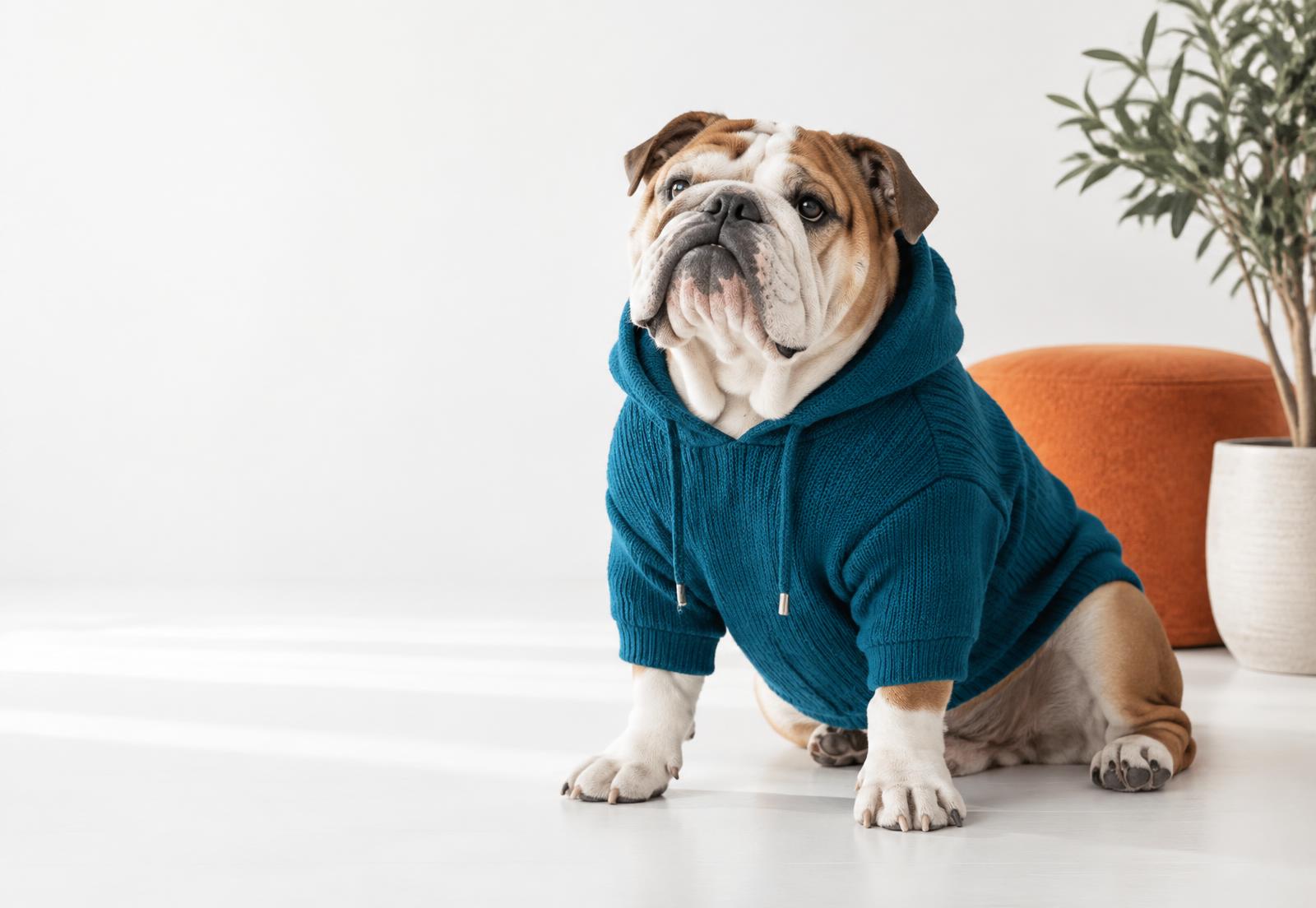 Bulldog inglés con hoodie azul petróleo